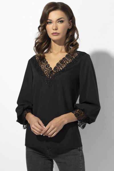 Блуза с кружевной отделкой и V-образным вырезом VIZAVI 675 черный - фото 2