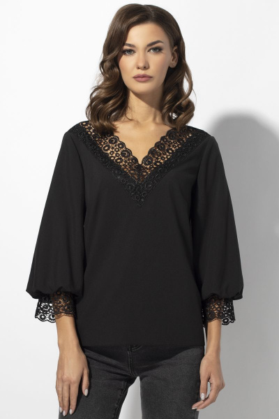 Блуза с кружевной отделкой и V-образным вырезом VIZAVI 675 черный - фото 1