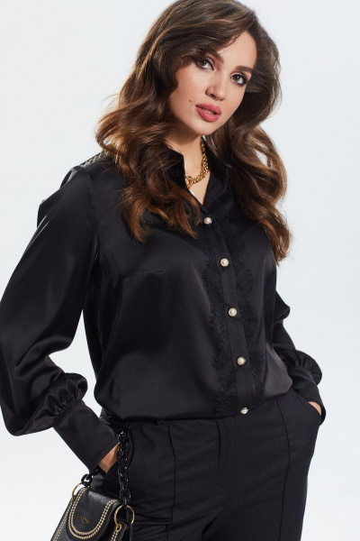 Атласная блуза прямого силуэта с кружевом MALI 622-091 черный - фото 4