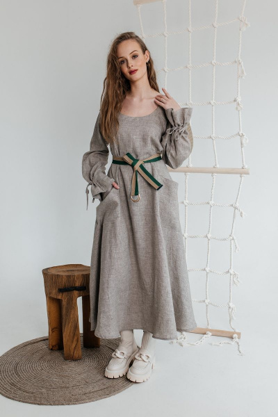 Льняное платье с объемными карманами и рукавами АМУЛЕТ 9609 капучино - фото 1