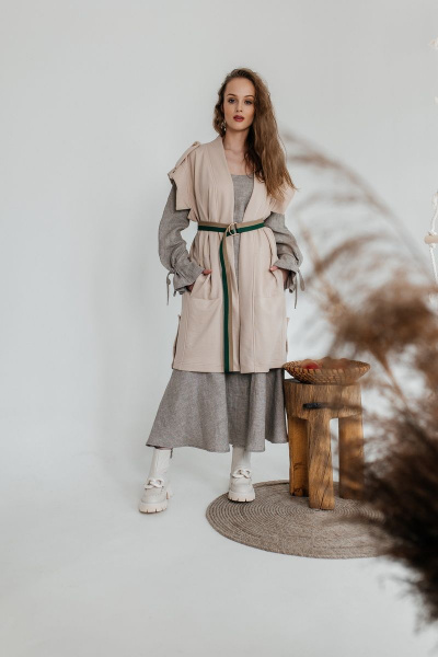 Льняное платье с объемными карманами и рукавами АМУЛЕТ 9609 капучино - фото 2