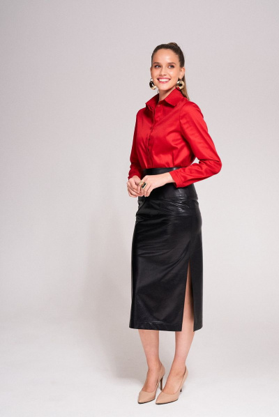 Юбка миди из экокожи с разрезами и кокетками KaVaRi 2002.1 черный - фото 2