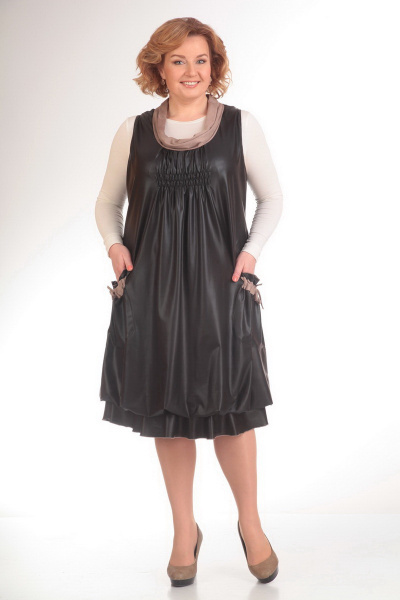 Демисезонный джемпер с сарафаном из трикотажа и экокожи Pretty 411 черный - фото 1