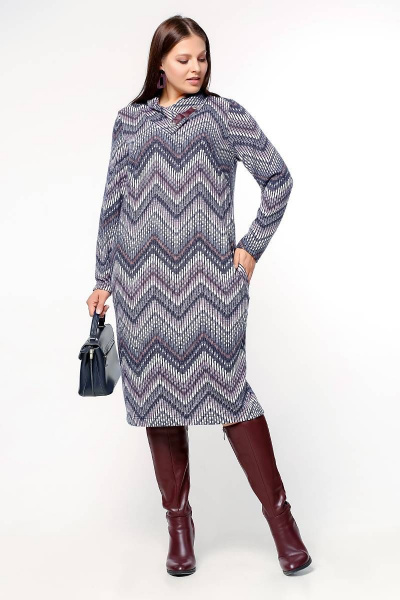 Платье свободное с кожаным воротником и карманами La rouge 5412 зигзаг-(бордо) - фото 1