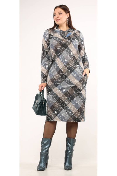 Платье свободное с кожаным воротником и карманами La rouge 5412 клетка-(голубой) - фото 1