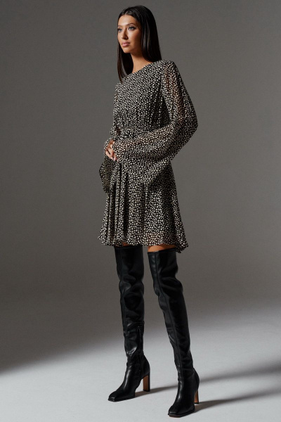 Бежевое и черное платье из легкой ткани с резинкой и V-вырезом ANNETE A3235 - фото 3