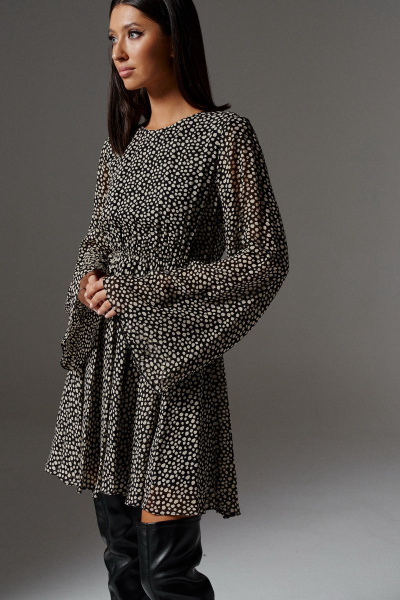 Бежевое и черное платье из легкой ткани с резинкой и V-вырезом ANNETE A3235 - фото 2