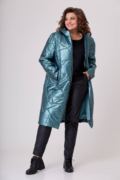 Демисезонное пальто из текстиля с капюшоном и наклонными карманами TrikoTex Stil М28-19 деним - фото 3