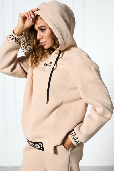 Бежевый спортивный костюм из трикотажа с капюшоном и карманами MAX S017 - фото 7