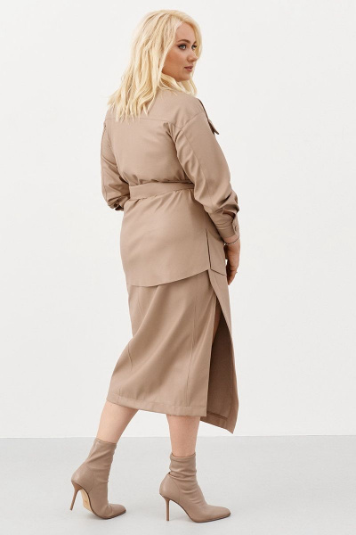 Бежевый кожаный юбка-миди с разрезом и высокой посадкой Ketty К-01350 капучино - фото 4