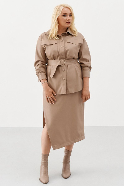 Бежевый кожаный юбка-миди с разрезом и высокой посадкой Ketty К-01350 капучино - фото 1