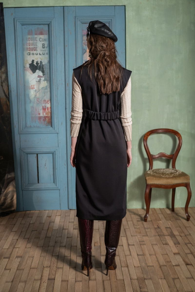 Черный сарафан из ткани с центральной застежкой и поясом Alena Goretskaya А1562/1 - фото 2