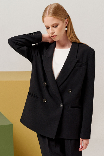 Жакет оверсайз удлиненный из трикотажа для делового стиля Панда 123330w черный - фото 3