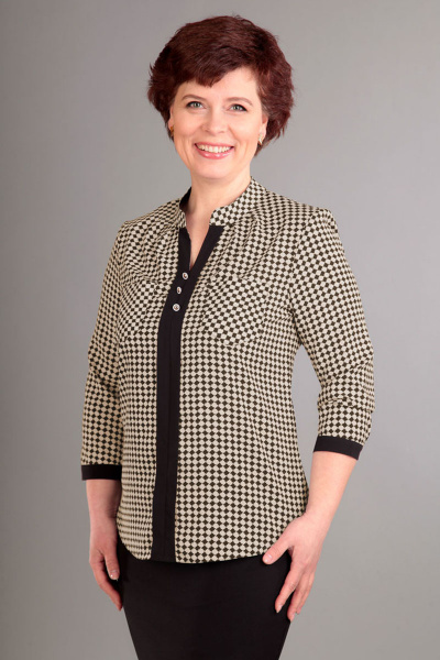 Рубашка из шифона и текстиля делового стиля Таир-Гранд 62210-1 ч/беж.геометрия - фото 1