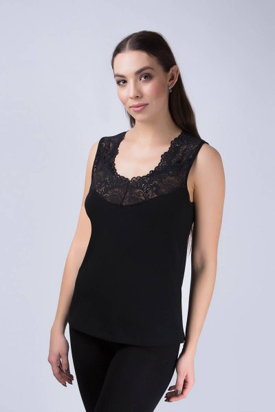 Майка из хлопка с кружевной отделкой и коротким рукавом Verally 303-5 черный - фото 3
