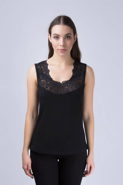 Майка из хлопка с кружевной отделкой и коротким рукавом Verally 303-5 черный - фото 1