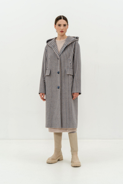 Пальто серое утеплённое из пальтовой ткани и шерсти Elema 6-11083-2-164 клетка - фото 1