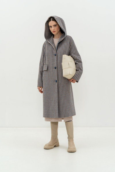 Пальто серое утеплённое из пальтовой ткани и шерсти Elema 6-11083-2-164 клетка - фото 2
