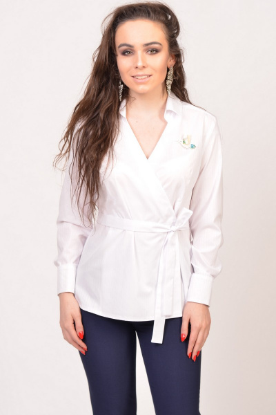 Блузка из хлопка с отложным воротником и поясом для фигуры Domna 526 белый - фото 1
