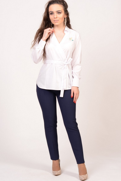 Блузка из хлопка с отложным воротником и поясом для фигуры Domna 526 белый - фото 2