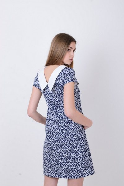 Платье колокольчик с треугольным вырезом и воротником-отложным Mita ЖМ806 синее - фото 4