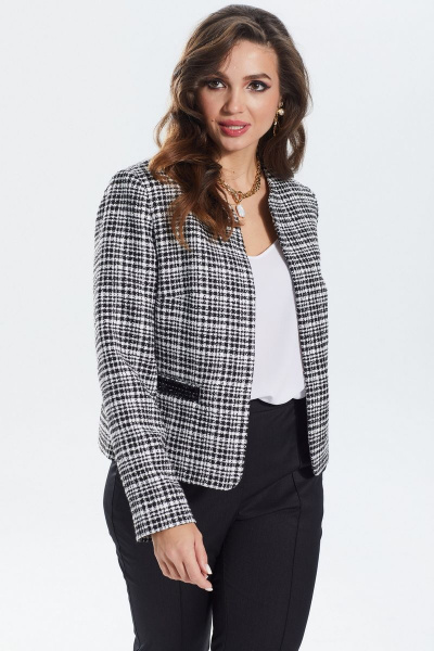 Трикотажный жакет прямого кроя с декоративной тесьмой MALI 122-107 ч/б_клетка - фото 1
