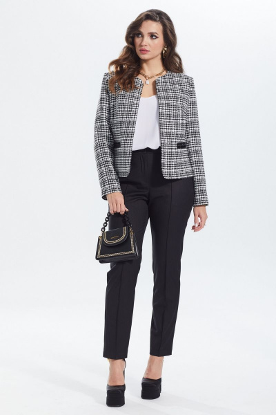Трикотажный жакет прямого кроя с декоративной тесьмой MALI 122-107 ч/б_клетка - фото 5