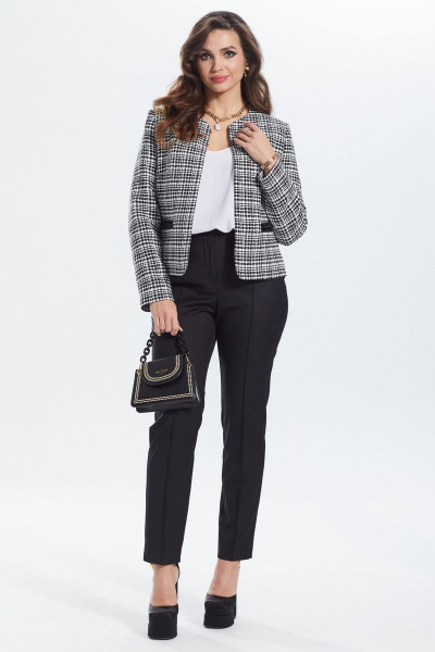 Трикотажный жакет прямого кроя с декоративной тесьмой MALI 122-107 ч/б_клетка - фото 6