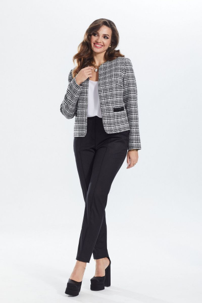 Трикотажный жакет прямого кроя с декоративной тесьмой MALI 122-107 ч/б_клетка - фото 7