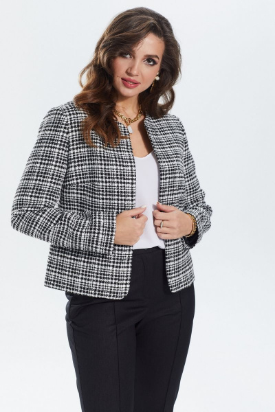 Трикотажный жакет прямого кроя с декоративной тесьмой MALI 122-107 ч/б_клетка - фото 8