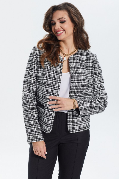 Трикотажный жакет прямого кроя с декоративной тесьмой MALI 122-107 ч/б_клетка - фото 9