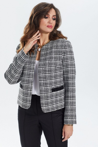 Трикотажный жакет прямого кроя с декоративной тесьмой MALI 122-107 ч/б_клетка - фото 10