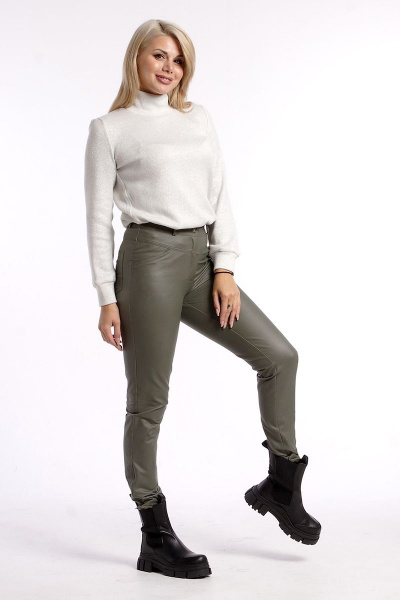 Демисезонные кожаные облегающие брюки с накладными карманами IUKONA 1532 болотный - фото 3