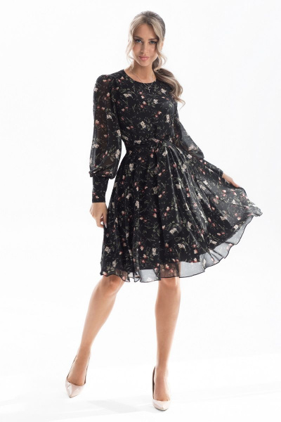 Платье на каждый день с рисунком из ткани и шифона с поясом Golden Valley 4708 черный - фото 2