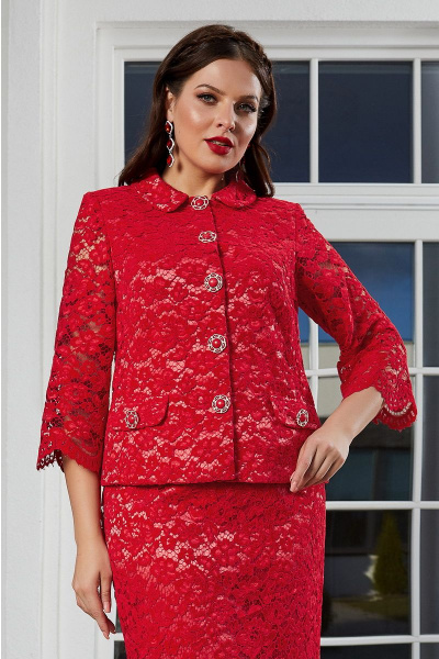 Нарядный кружевной костюм жакет и юбка с вышивкой Lissana 3333 красный - фото 3