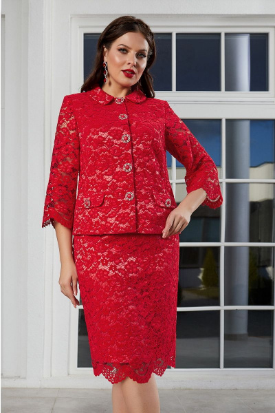 Нарядный кружевной костюм жакет и юбка с вышивкой Lissana 3333 красный - фото 2