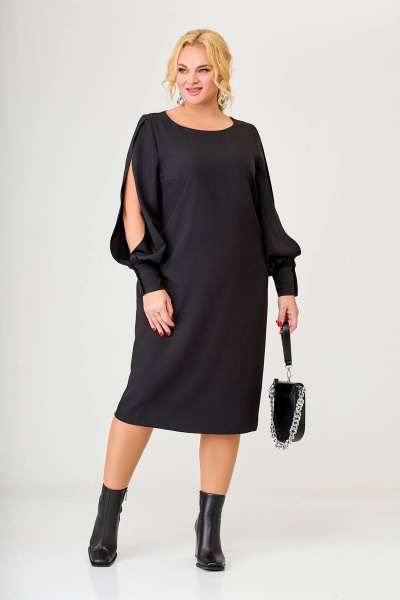 Нарядное платье из текстиля с разрезами и длинными рукавами Swallow 627 черный - фото 2
