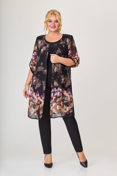 Демисезонный комплект из брюки, кардиган и топ Svetlana-Style 970 черный+цветы - фото 3