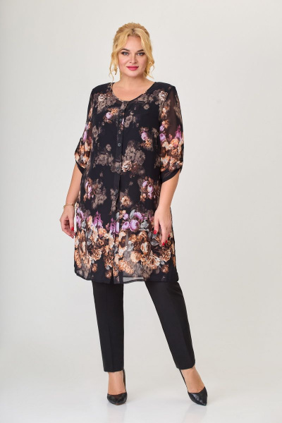 Демисезонный комплект из брюки, кардиган и топ Svetlana-Style 970 черный+цветы - фото 1