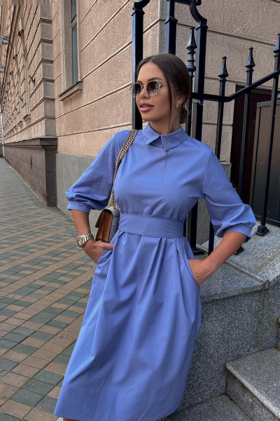 Платье с отложным воротником и карманами голубое Pavlova 137 серо-голубой - фото 2