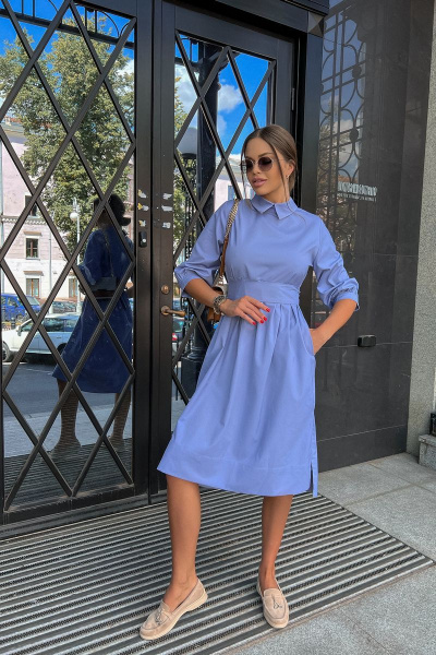 Платье с отложным воротником и карманами голубое Pavlova 137 серо-голубой - фото 1