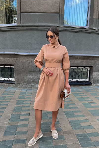 Платье с бантовыми складками из вискозы и льна Pavlova 137 песочный - фото 2