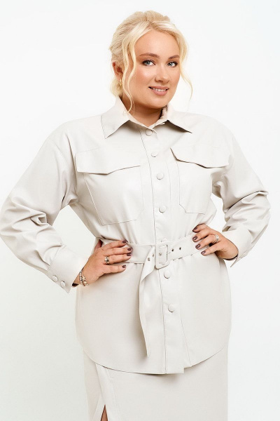 Длинная кожаная рубашка-жакет из экокожи с съемным поясом Ketty К-01530 молочный - фото 5