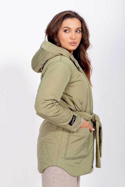 Демисезонная утеплённая куртка с поясом и капюшоном Mislana С848 фисташка - фото 5
