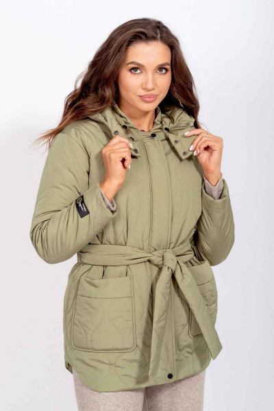 Демисезонная утеплённая куртка с поясом и капюшоном Mislana С848 фисташка - фото 1