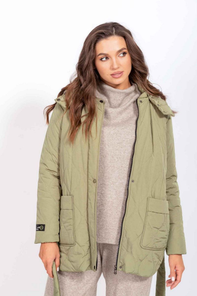 Демисезонная утеплённая куртка с поясом и капюшоном Mislana С848 фисташка - фото 2