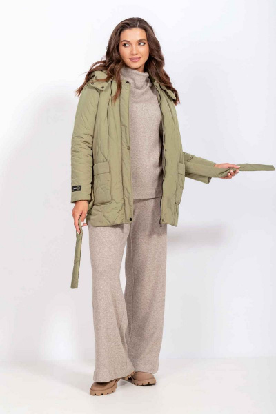 Демисезонная утеплённая куртка с поясом и капюшоном Mislana С848 фисташка - фото 4