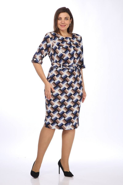 Платье с рельефами и поясом для повседневного образа Lady Style Classic 317/4 синий_с_коричневым - фото 1