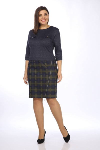 Платье с накладными карманами и асимметричным разрезом Lady Style Classic 900/2 синий_с_зеленым - фото 1