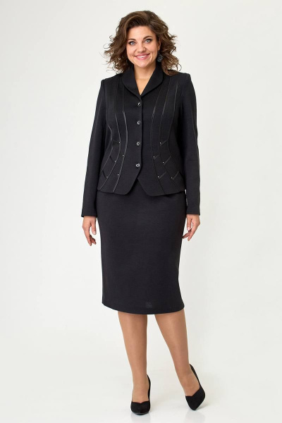 Деловой костюм из трикотажа черный жакет и юбка Zlata 4408 черный - фото 1